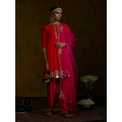 WeaverStory Red Short Gherdar And Salwar Set With Pink Embroidered Dupatta (Set of 3)