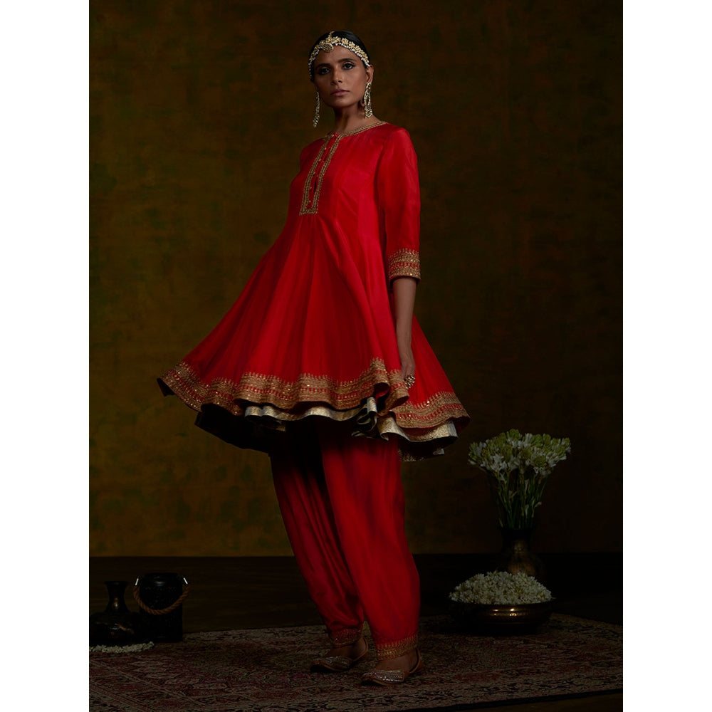 WeaverStory Red Short Gherdar And Salwar Set With Pink Embroidered Dupatta (Set of 3)