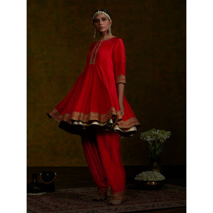 WeaverStory Red Short Gherdar And Salwar Set With Pink Embroidered Dupatta (Set of 3)