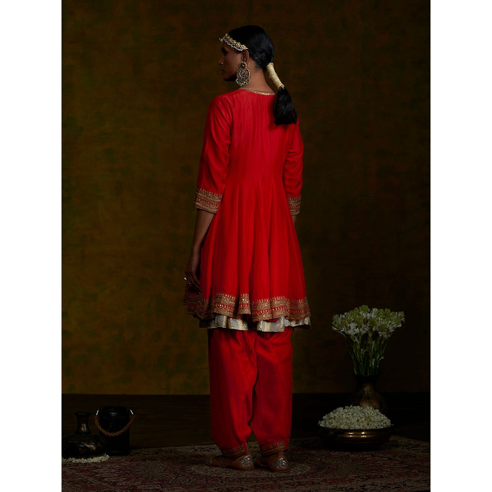 WeaverStory Red Short Gherdar And Salwar Set With Pink Embroidered Dupatta (Set of 3)