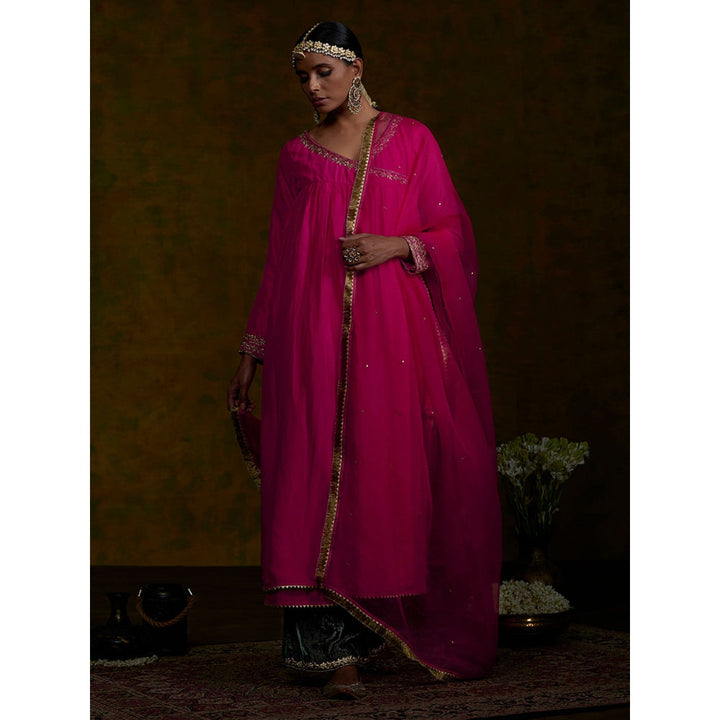 Weaverstory Pink Silk Zardozi Work Angrakha With Green Dupatta (Set Of 3)