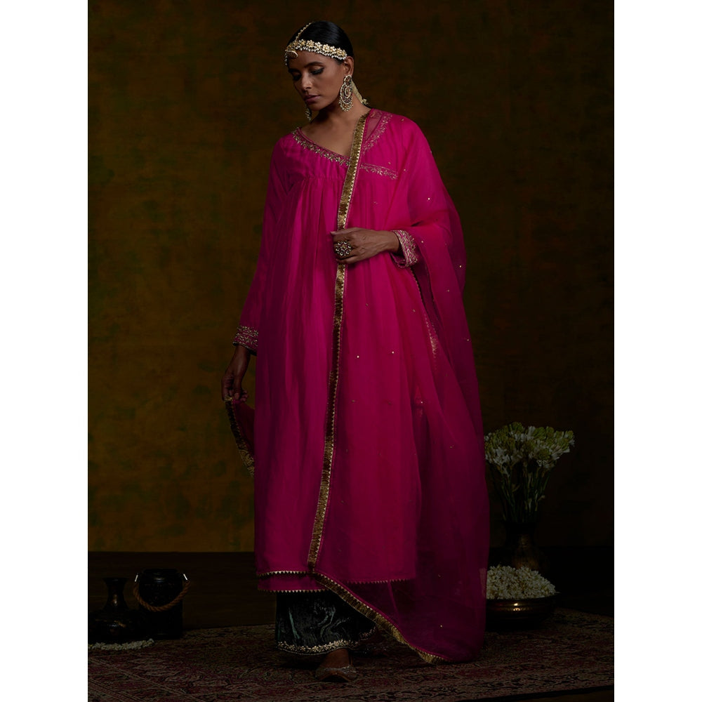 WeaverStory Pink Silk Zardozi Work Angrakha With Green Dupatta (Set of 3)