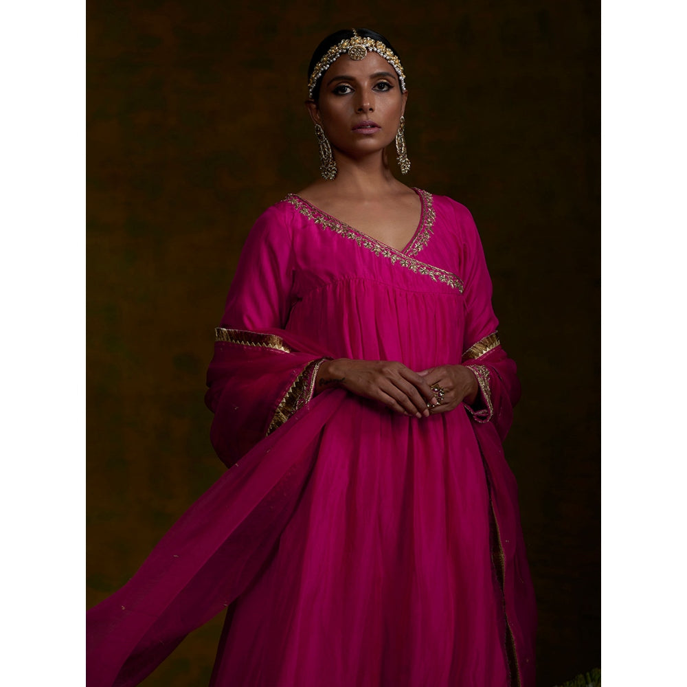 WeaverStory Pink Silk Zardozi Work Angrakha With Green Dupatta (Set of 3)