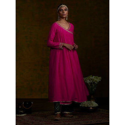 WeaverStory Pink Silk Zardozi Work Angrakha With Green Dupatta (Set of 3)