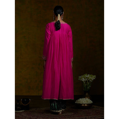 WeaverStory Pink Silk Zardozi Work Angrakha With Green Dupatta (Set of 3)