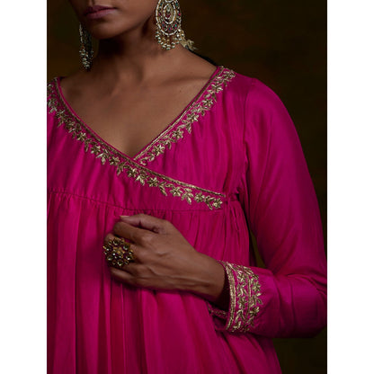 WeaverStory Pink Silk Zardozi Work Angrakha With Green Dupatta (Set of 3)