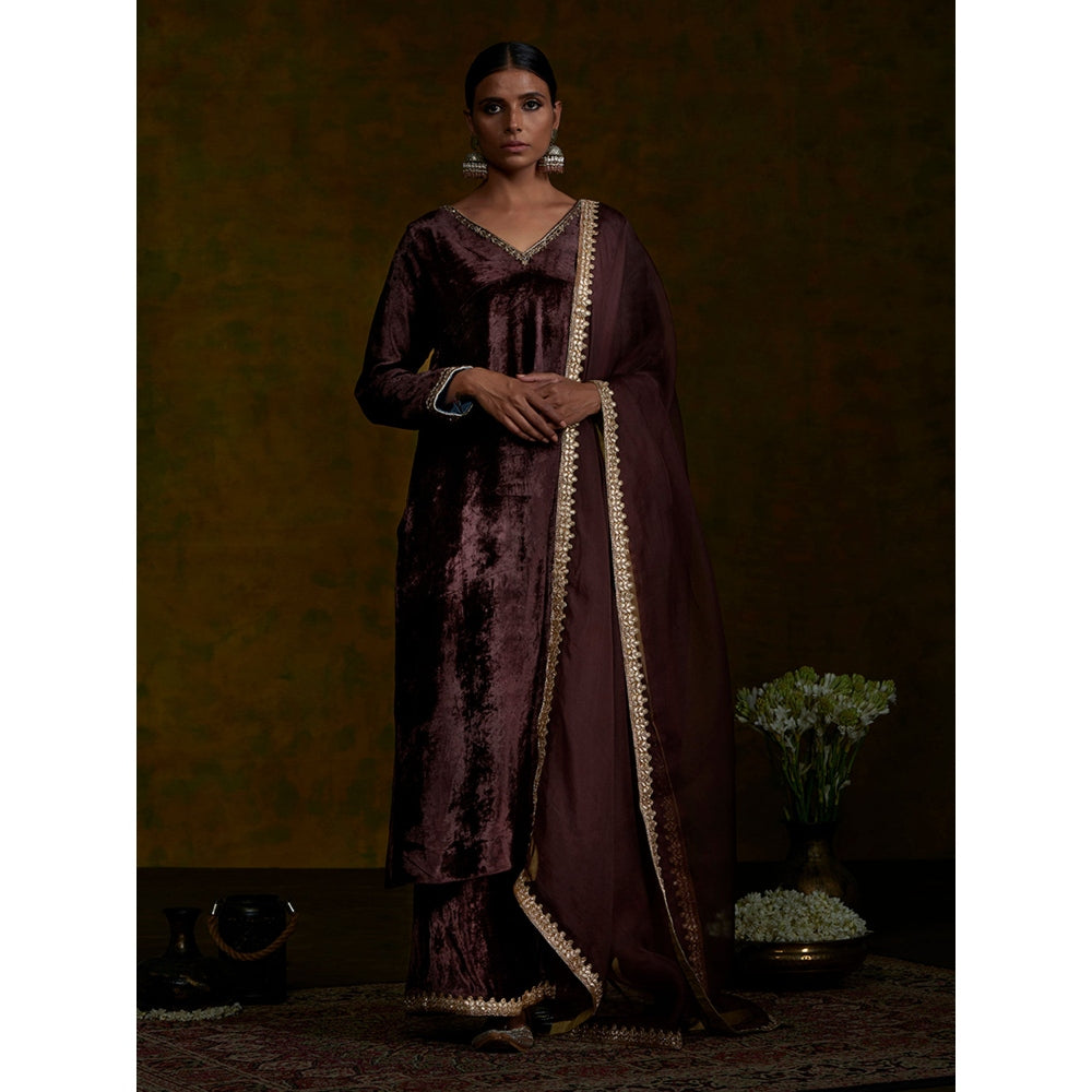 WeaverStory Brown Velvet Suit Set With Zardozi Work (Set of 3)