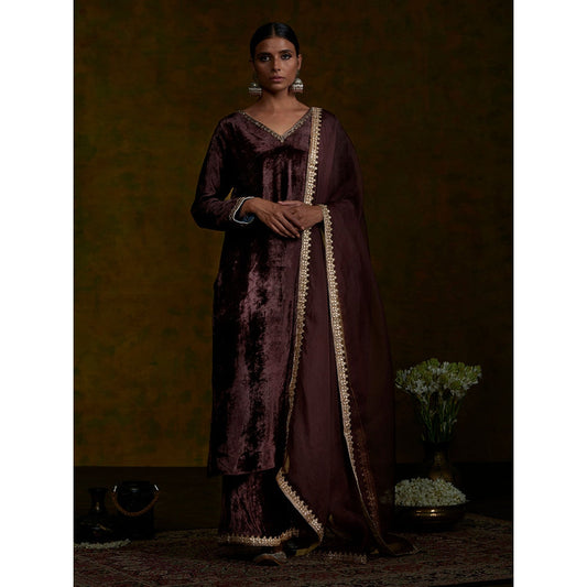 WeaverStory Brown Velvet Suit Set With Zardozi Work (Set of 3)