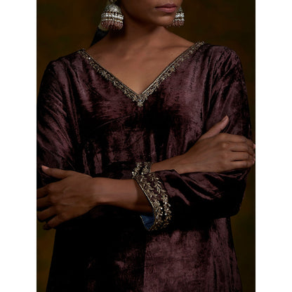 WeaverStory Brown Velvet Suit Set With Zardozi Work (Set of 3)