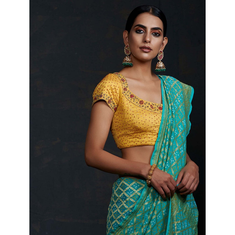 WeaverStory Yellow Silk Blouse with Zardozi and Red Detailing