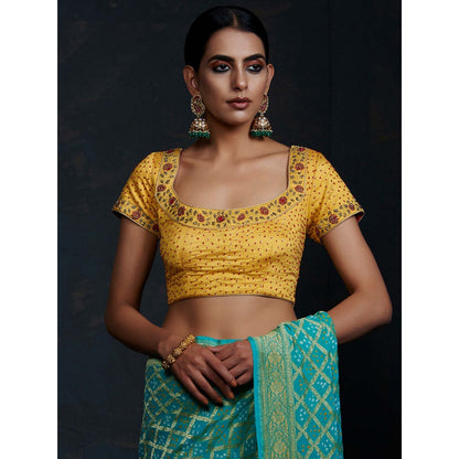 WeaverStory Yellow Silk Blouse with Zardozi and Red Detailing