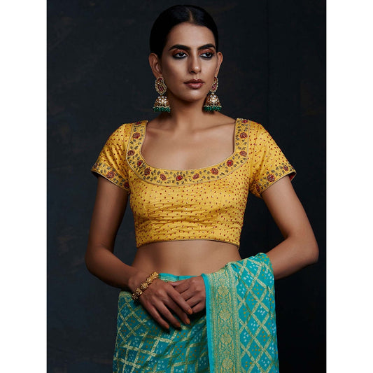 WeaverStory Yellow Silk Blouse with Zardozi and Red Detailing