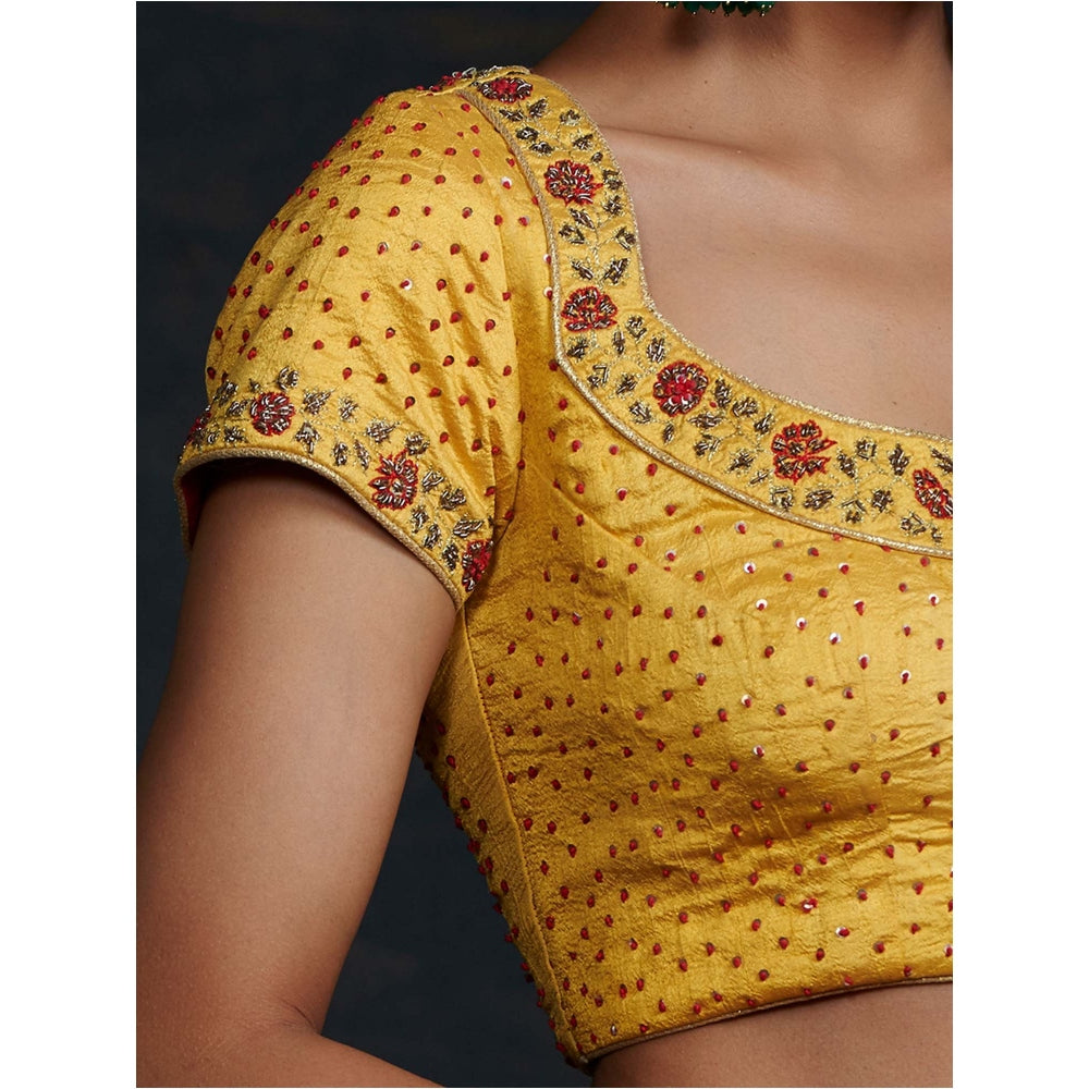 Weaverstory Yellow Silk Blouse With Zardozi And Red Detailing