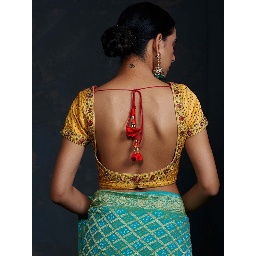 WeaverStory Yellow Silk Blouse with Zardozi and Red Detailing