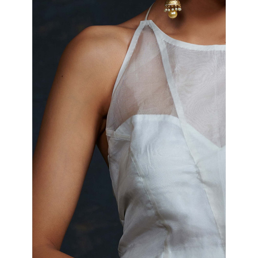 WeaverStory Halterneck Blouse Stitched In Handwoven Organza