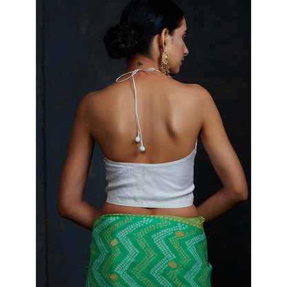 WeaverStory Halterneck Blouse Stitched In Handwoven Organza