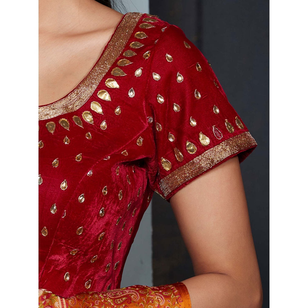 WeaverStory Red Velvet Blouse with Gota Work
