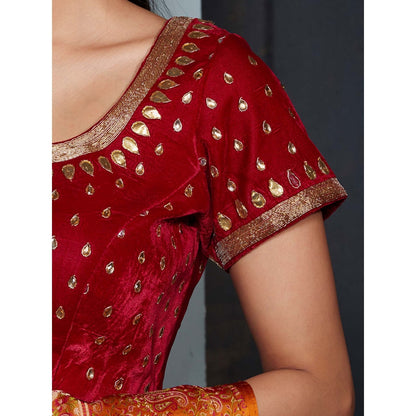 WeaverStory Red Velvet Blouse with Gota Work