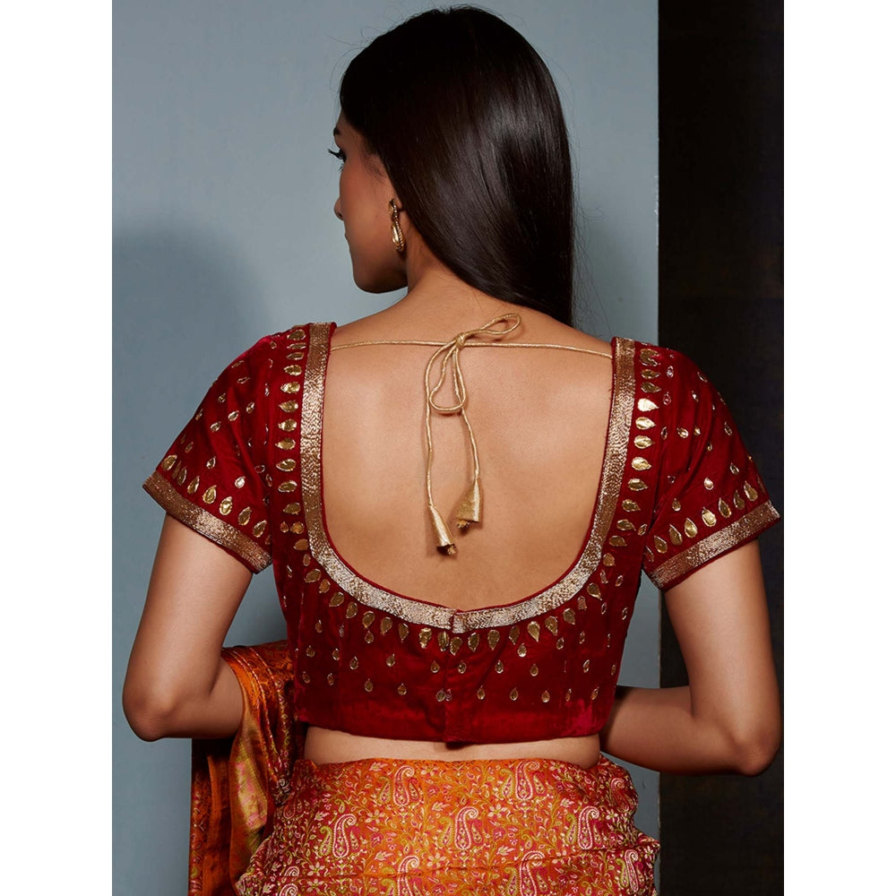 WeaverStory Red Velvet Blouse with Gota Work