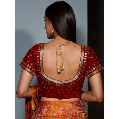 WeaverStory Red Velvet Blouse with Gota Work