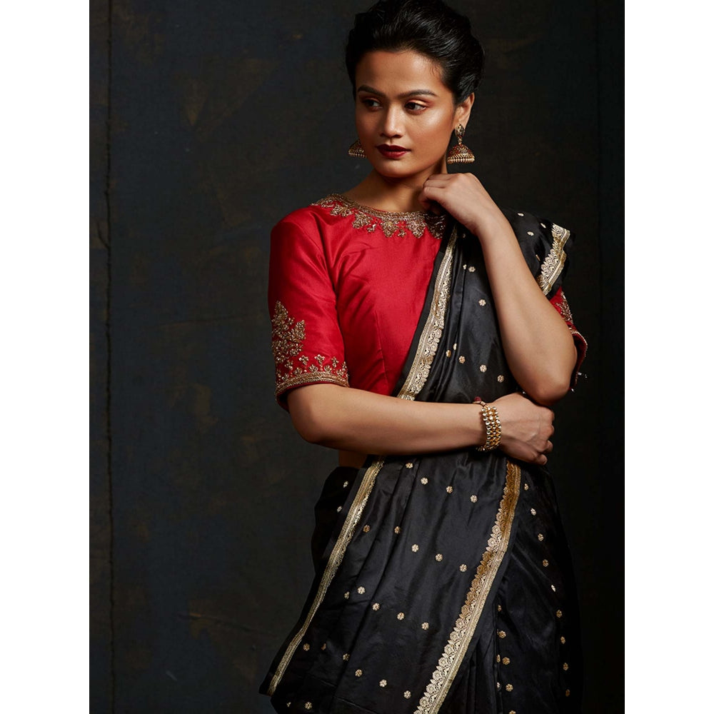 WeaverStory Red Blouse with Big Boota On Sleeves and Neck Embroidery