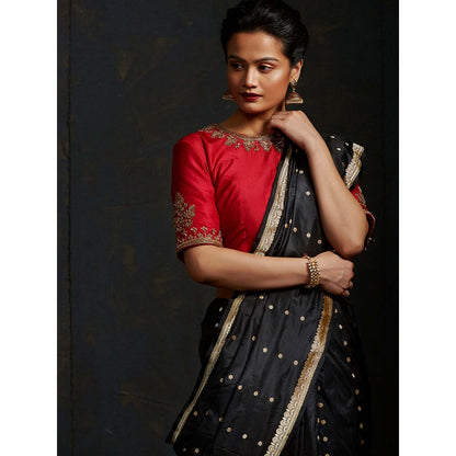 WeaverStory Red Blouse with Big Boota On Sleeves and Neck Embroidery