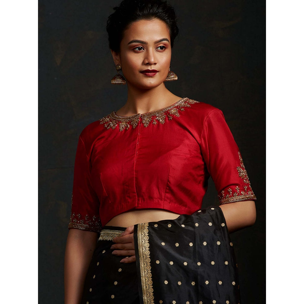 WeaverStory Red Blouse with Big Boota On Sleeves and Neck Embroidery