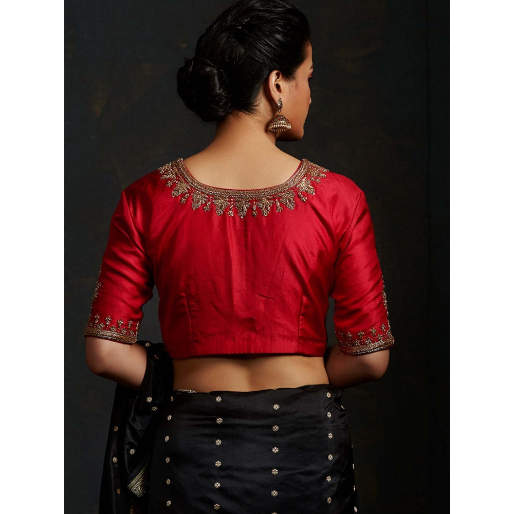 WeaverStory Red Blouse with Big Boota On Sleeves and Neck Embroidery