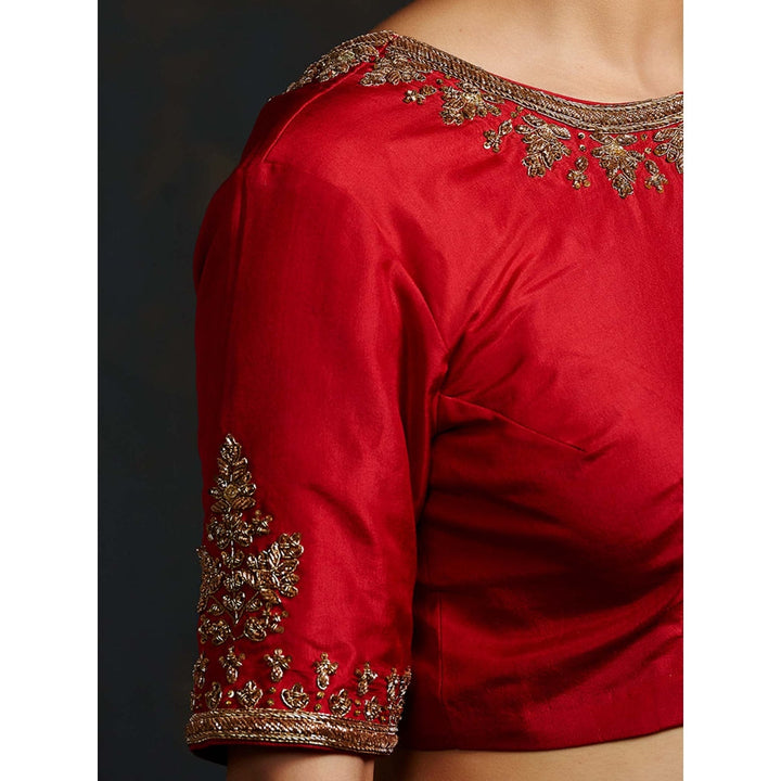 Weaverstory Red Blouse With Big Boota On Sleeves And Neck Embroidery