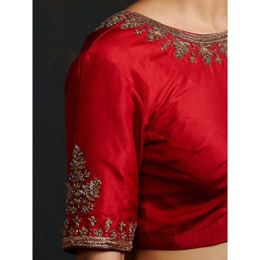 WeaverStory Red Blouse with Big Boota On Sleeves and Neck Embroidery