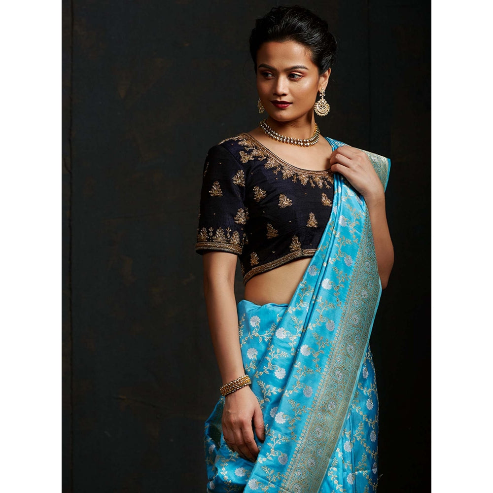 WeaverStory Black Raw Silk Blouse with Zardozi Embroidery