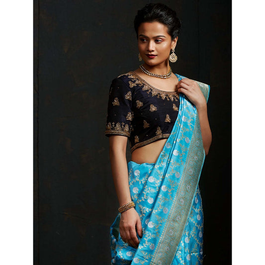 WeaverStory Black Raw Silk Blouse with Zardozi Embroidery