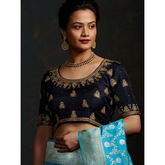 WeaverStory Black Raw Silk Blouse with Zardozi Embroidery