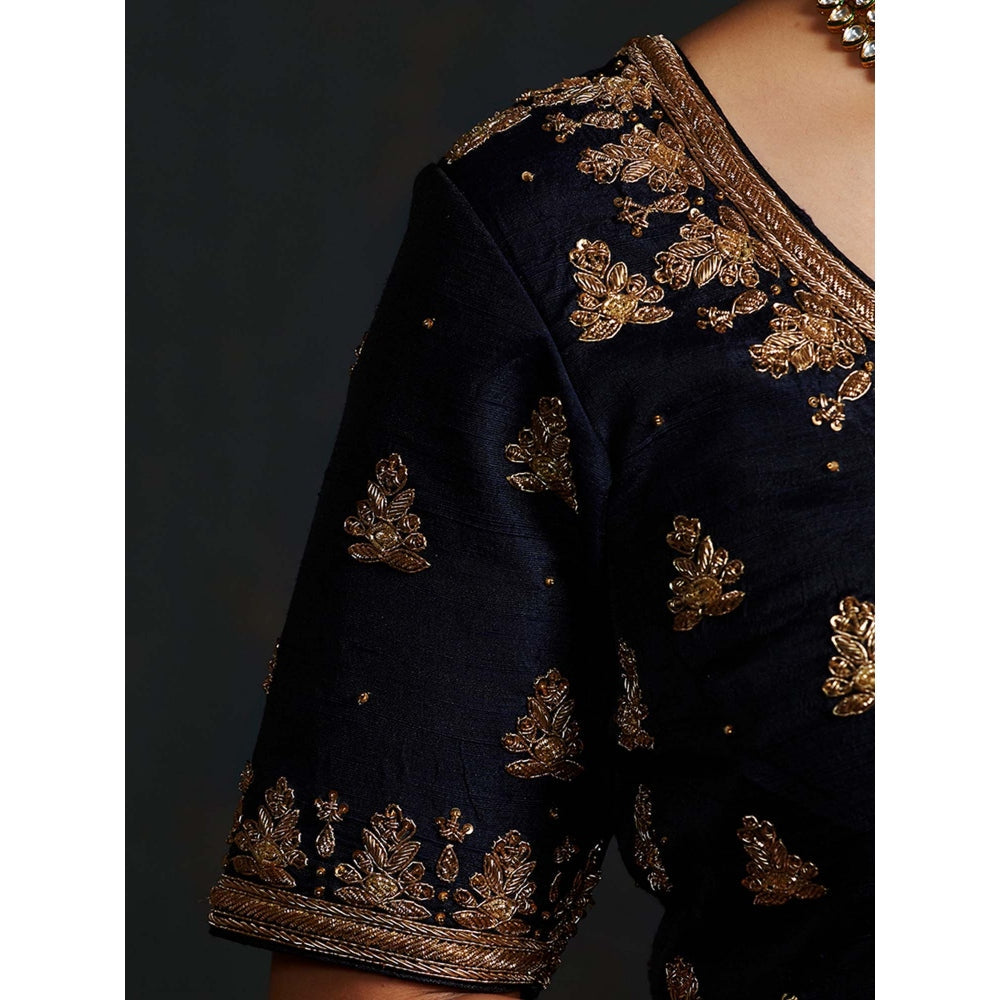 WeaverStory Black Raw Silk Blouse with Zardozi Embroidery