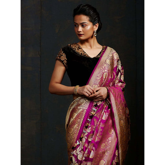 WeaverStory Black Silk Velvet Blouse with Intricate Zardozi