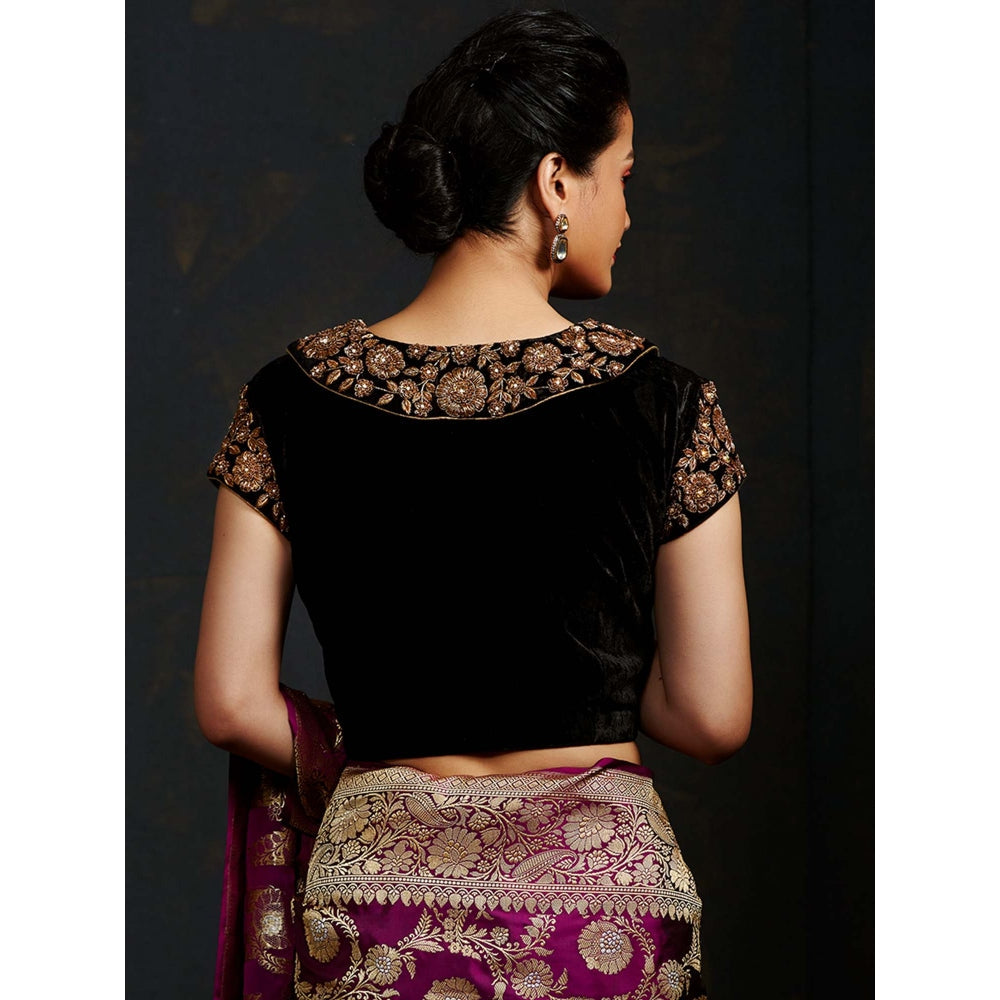 Weaverstory Black Silk Velvet Blouse With Intricate Zardozi