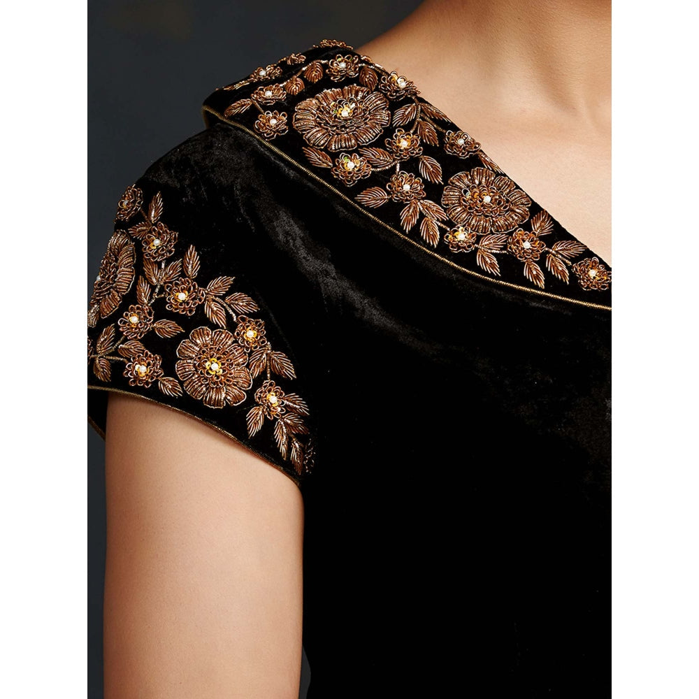 WeaverStory Black Silk Velvet Blouse with Intricate Zardozi