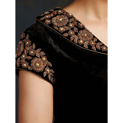 WeaverStory Black Silk Velvet Blouse with Intricate Zardozi