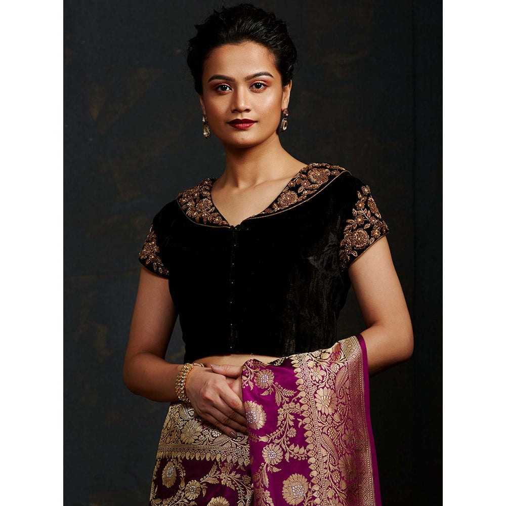 WeaverStory Black Silk Velvet Blouse with Intricate Zardozi