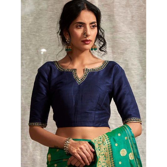 WeaverStory Blue Zardozi and Sequins Embroidery Blouse with Boota On The Back