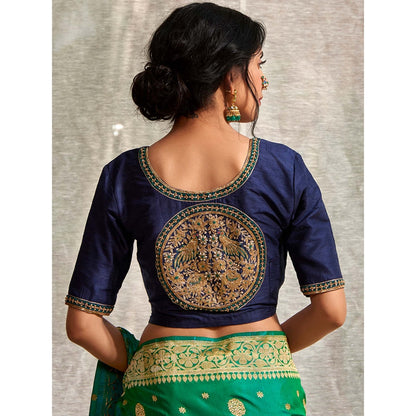 WeaverStory Blue Zardozi and Sequins Embroidery Blouse with Boota On The Back