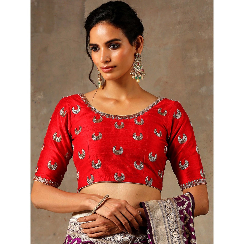 Weaverstory Red Raw Silk Blouse With Chaand Boota Zardozi Embroidery