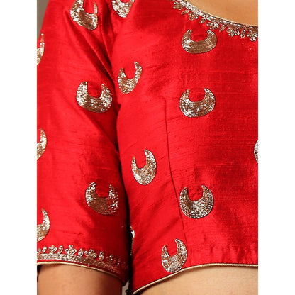 WeaverStory Red Raw Silk Blouse with Chaand Boota Zardozi Embroidery
