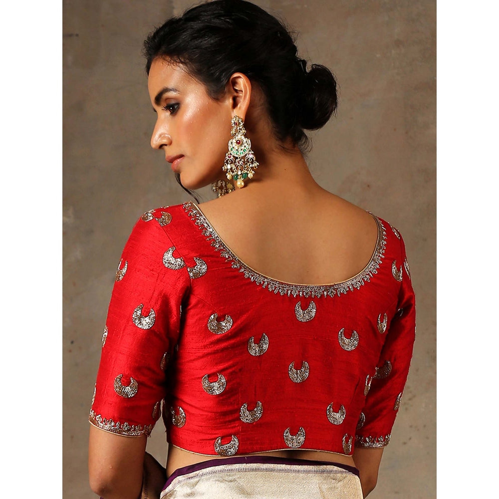 Weaverstory Red Raw Silk Blouse With Chaand Boota Zardozi Embroidery