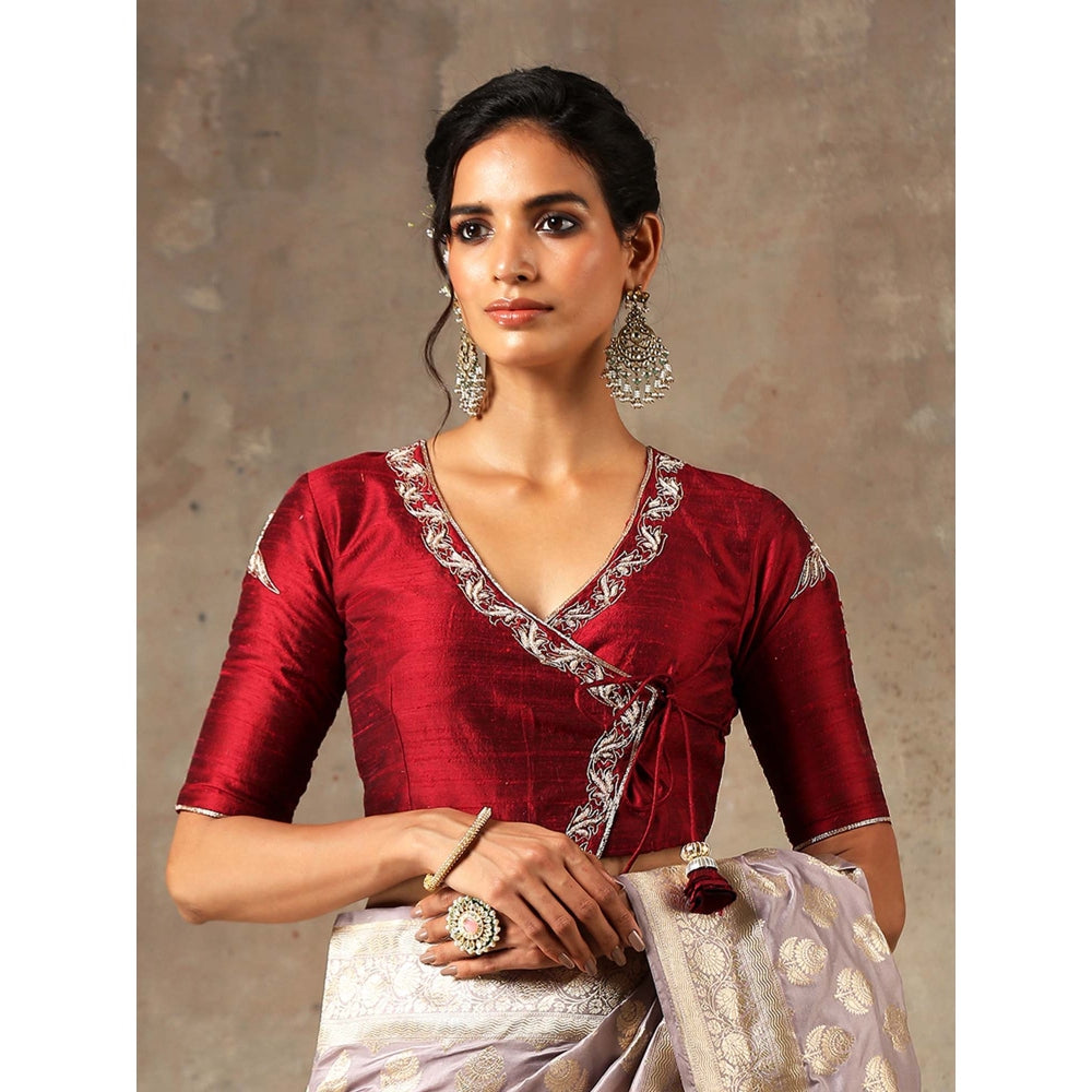 Weaverstory Maroon Angrakha Style Blouse In Raw Silk With Embroidery