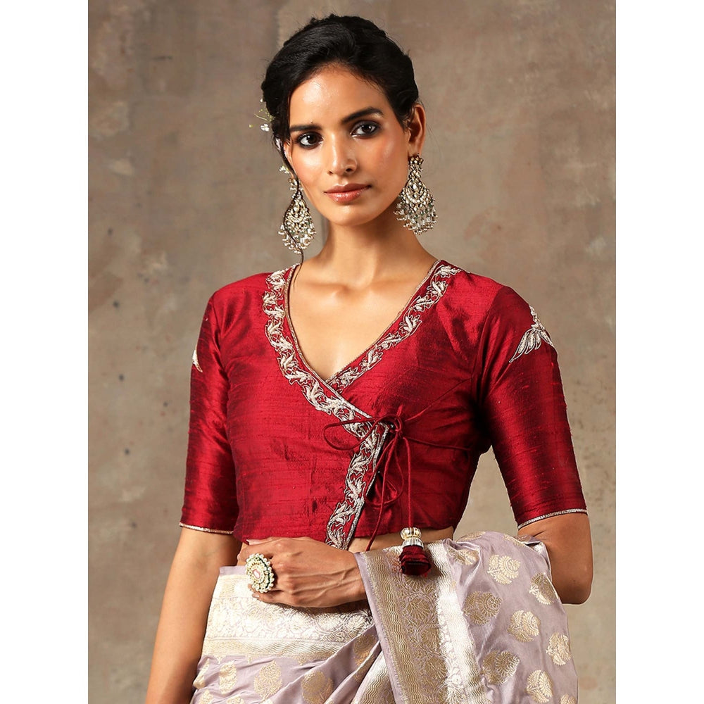 WeaverStory Maroon Angrakha Style Blouse In Raw Silk with Embroidery