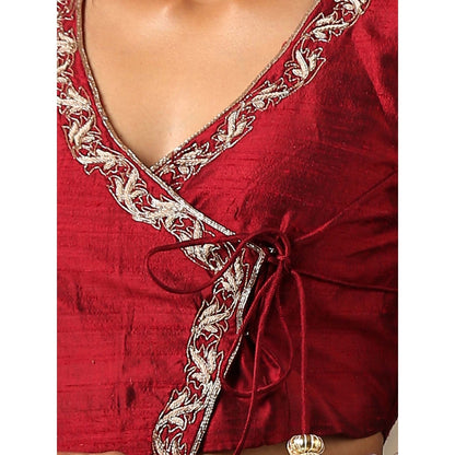 WeaverStory Maroon Angrakha Style Blouse In Raw Silk with Embroidery