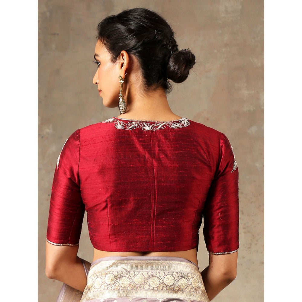 Weaverstory Maroon Angrakha Style Blouse In Raw Silk With Embroidery