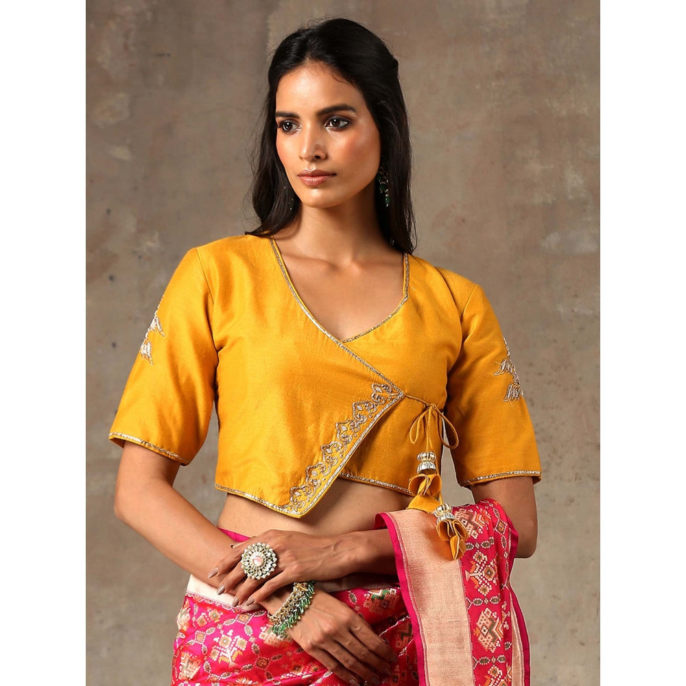 Weaverstory Mustard Angrakha Style Blouse In Munga Silk With Embroidery