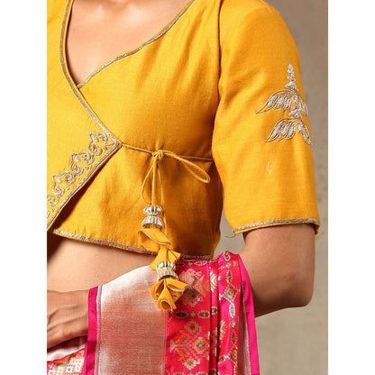 WeaverStory Mustard Angrakha Style Blouse In Munga Silk with Embroidery